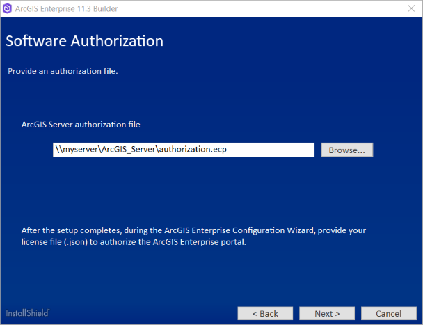 Geben Sie den Speicherort Ihrer Autorisierungsdatei für ArcGIS Server an. Geben Sie den Speicherort Ihrer Autorisierungsdatei für ArcGIS Server an.