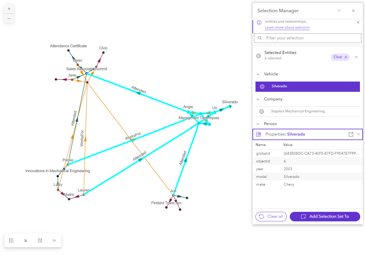 Auswahl-Manager mit geöffnetem Bereich "Eigenschaften" für eine bestimmte Entität Auswahl-Manager mit geöffnetem Bereich "Eigenschaften" für eine bestimmte Entität