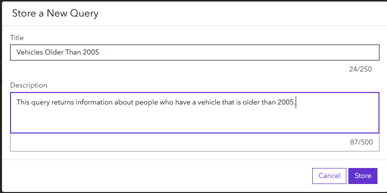 Modales Fenster "Als neue Abfrage speichern" Modales Fenster "Als neue Abfrage speichern"