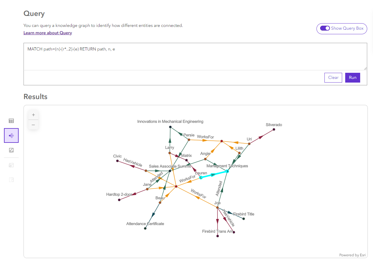 In der Verbindungsdiagramm-Vorschau der Abfrageergebnisse wird jede Auswahl, die Sie in der Tabellenansicht treffen, angezeigt. In der Verbindungsdiagramm-Vorschau der Abfrageergebnisse wird jede Auswahl, die Sie in der Tabellenansicht treffen, angezeigt.