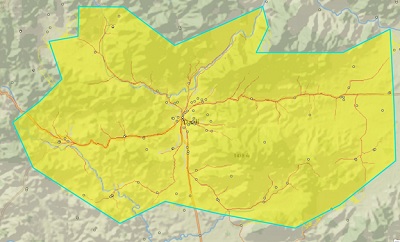 Karte, die aufzeigt, wie Schüler sich auf dem Weg zu einer Schule durch die Landschaft bewegen
